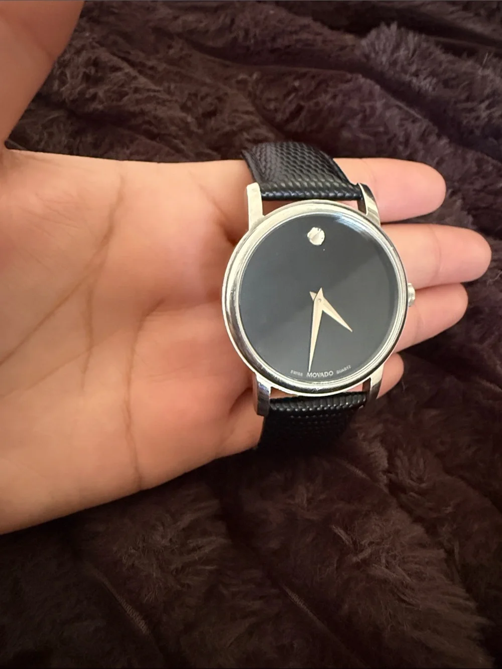 Movado Black Dial Silver Case Men's Watch with Black Strap